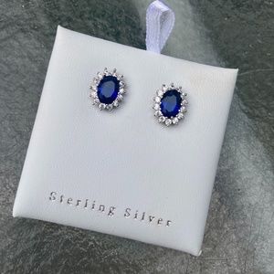 Sterling Silver Sapphire Oval Halo Stud Earrings